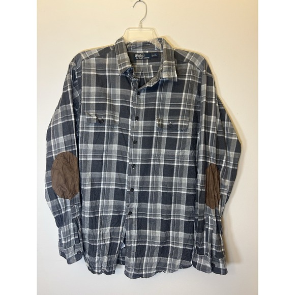 Polo Ralph Lauren Other - Ralph Lauren Grey Plaid Button Up Long Sleeve Shirt Flannel Elbow Pads Men's 2XL